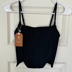 Reoria black crop ribbed corset top w/ zipper and adjustable straps, Size Medium